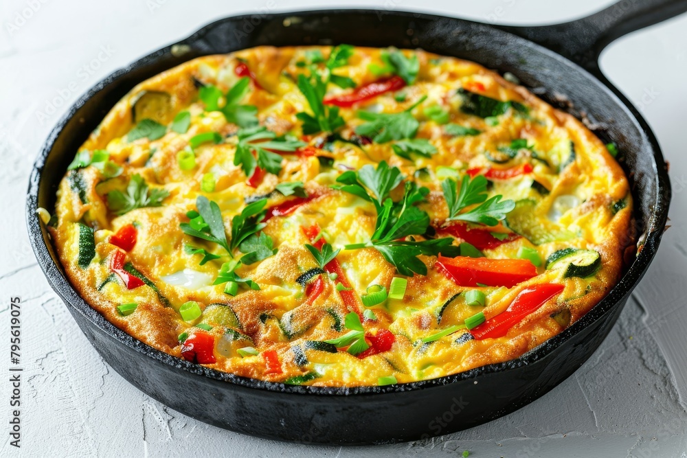 Frittata with red bell pepper and zucchini in black cast iron skillet on white surface.
