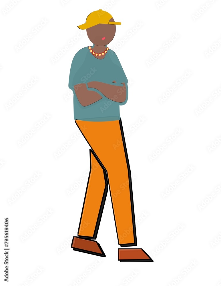 A man in a blue shirt and orange pants is walking with his hand fold together