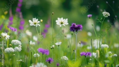 White and purple flowers on a green background of trees and meadows.