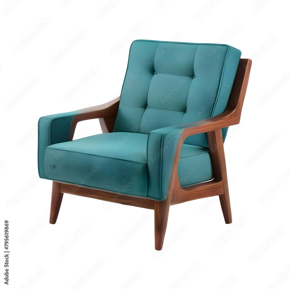 Teal fabric lounge chair with walnut wood accents, Transparent Background, PNG Format