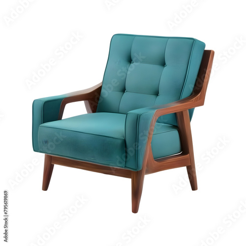 Teal fabric lounge chair with walnut wood accents, Transparent Background, PNG Format © Varun