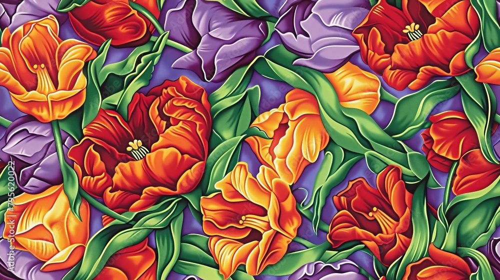   A painting of orange and purple flowers on a purple and red background, with green leaves beneath