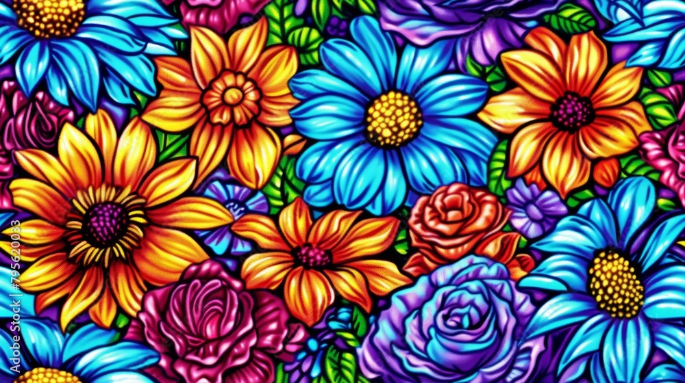   A painting featuring a central arrangement of flowers with varying colors and sizes creates a multicolored backdrop