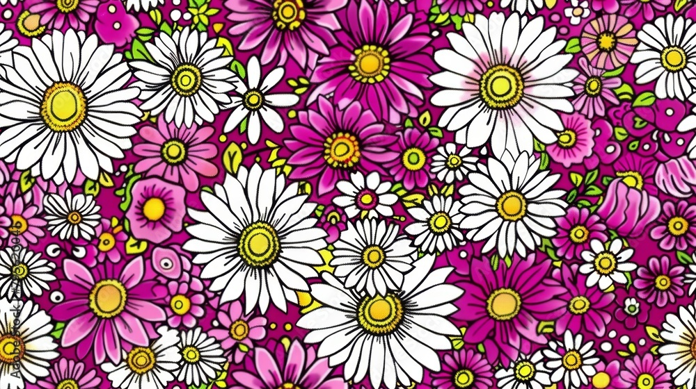   A collection of pink and white daisies against a purple and white backdrop, featuring a yellow circle as its centerpiece