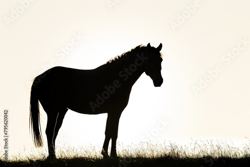 Horse silhouette at dusk, standing still, serene end-of-day vibe, white background. © Shamsher