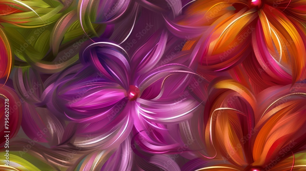 A tight shot of various blooms against a purple and green backdrop, featuring red, orange, and yellow petals A tight shot of various blooms against a purple and green backdrop, featuring red, orange, and yellow petals