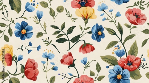   A colorful floral pattern adorns a white wallpaper  featuring blue  red  yellow  and green blooms