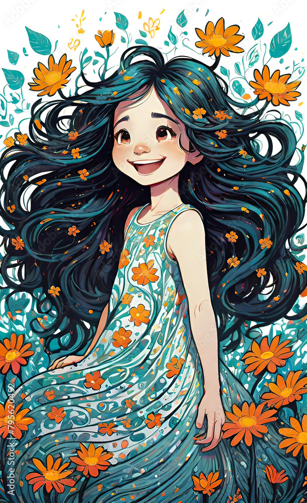 Vector illustration, happy little girl walking through a field with flowers with flying hair, children's drawing, background for smartphones, Vector illustration, happy little girl walking through a field with flowers with flying hair, children's drawing, background for smartphones,