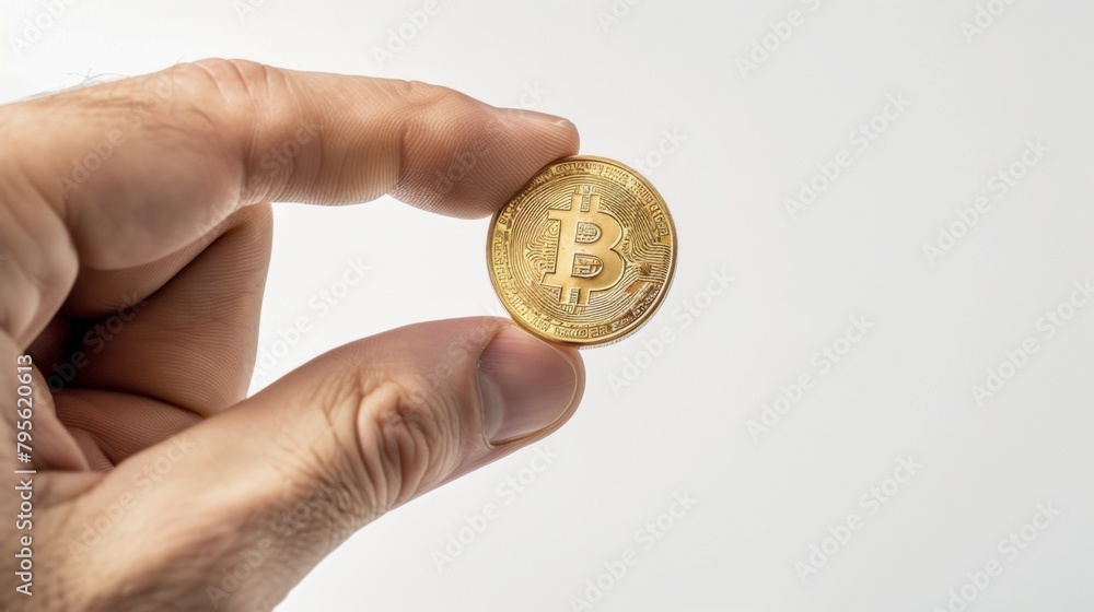 Person Holding a Golden Bitcoin On a White Background, Future Digital Money Currency Concept Person Holding a Golden Bitcoin On a White Background, Future Digital Money Currency Concept