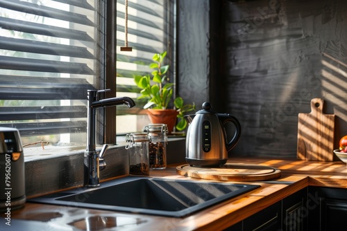 New electric kettle stand on the kitchen table next to a sink built into the countertop. Loft apartment with dark gray or monochrome black interior design photo