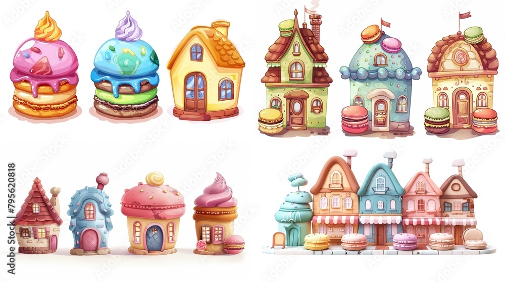 cute fairytale cartoon house clipart isolated on white background, macarons hut, Generative Ai