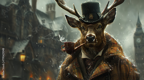   A deer donning a top hat, holding a pipe in its mouth and puffing on it photo