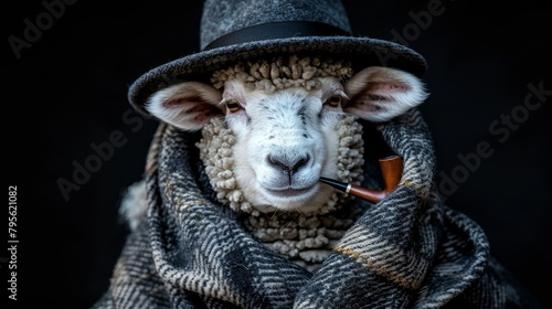  A sheep wearing a blanket and a hat, holding a pipe in its mouth