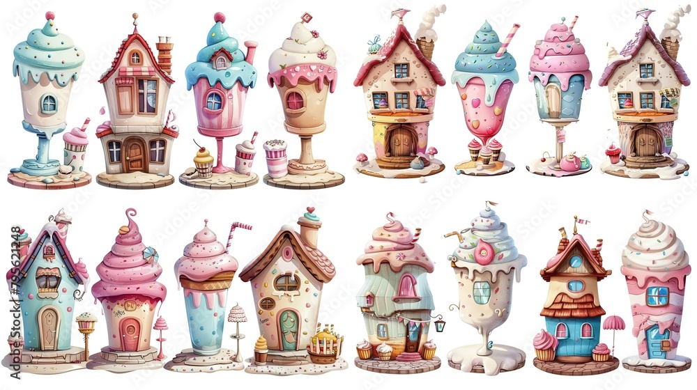 Naklejka premium cute fairytale cartoon house clipart isolated on white background, milk shake hut, Generative Ai