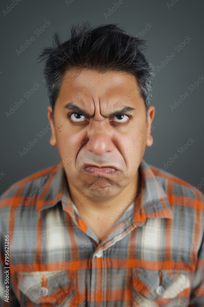 Angry serious latino man looking at the camera on gray background headshot mugshot. Angry serious latino man looking at the camera on gray background headshot mugshot.