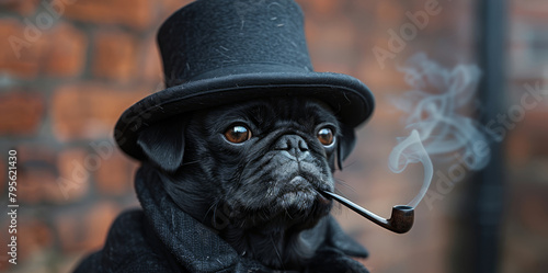   A black Pug in a top hat holds a pipe; smoke emanates from its mouth photo