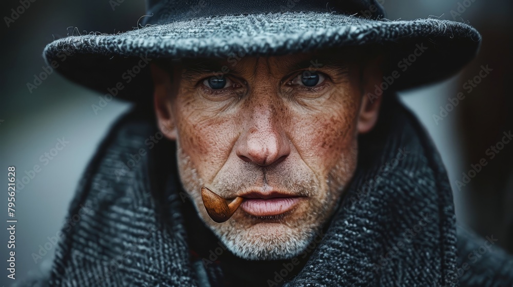 A tight shot of an individual donning a hat and scarf, with a pipe protruding from the hat's rim A tight shot of an individual donning a hat and scarf, with a pipe protruding from the hat's rim