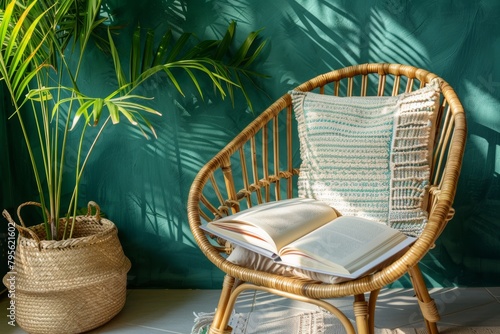 Rattan chair with decorative cushion and opened notebook with empty pages next to potted plant against green wall in bohemian style living room. Cozy place to sit in apartment