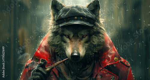   A painting of a wolf in a red coat and hat, holding a pipe in its mouth photo