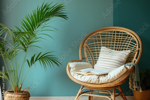 Rattan chair with decorative cushion and opened notebook with empty pages next to potted plant against green wall in bohemian style living room. Cozy place to sit in apartment