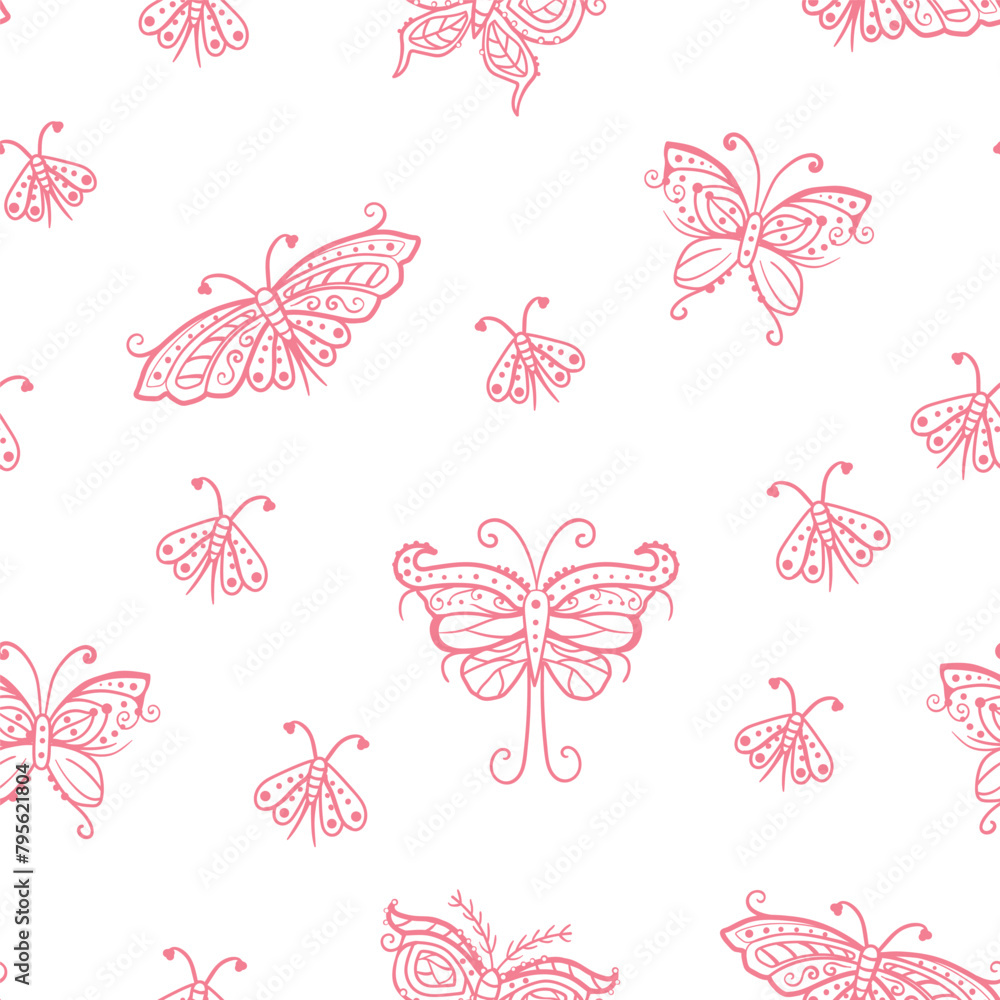 Fototapeta premium Pink butterflies in line style on a white background. Seamless repeated surface vector pattern design.