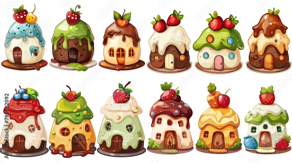 Naklejka premium cute fairytale cartoon house clipart isolated on white background, pudding cake hut, Generative Ai