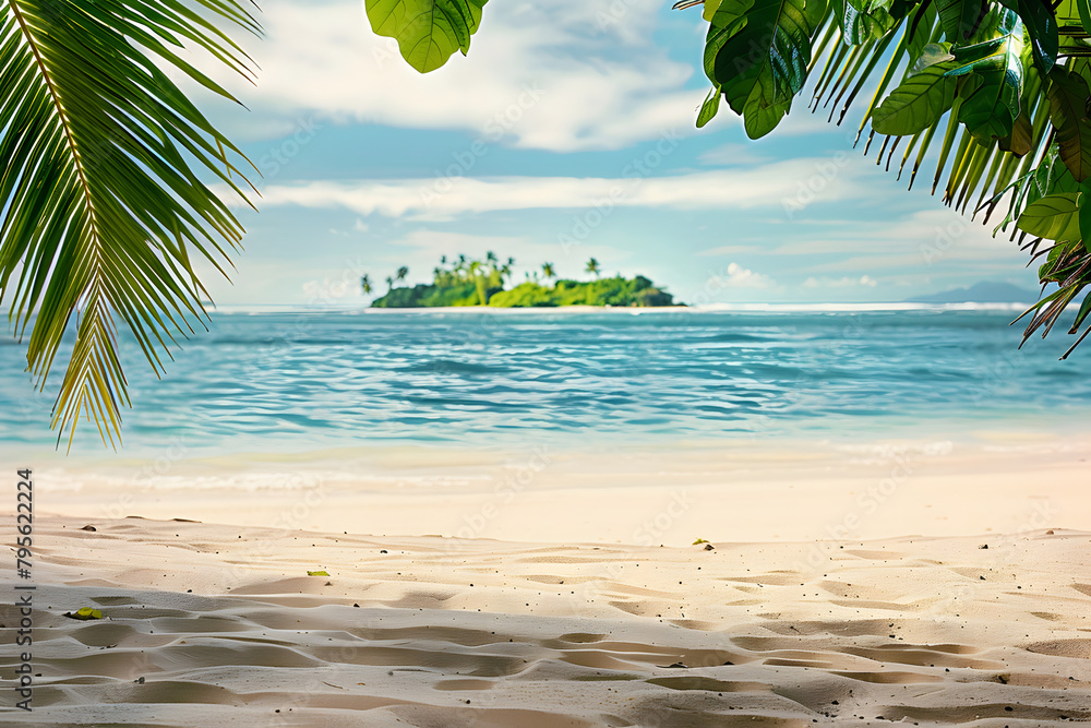 Naklejka premium Sandy tropical beach with island on background