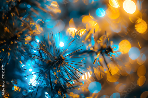 Fiber optic light with bokeh effect background  blue and yellow colors