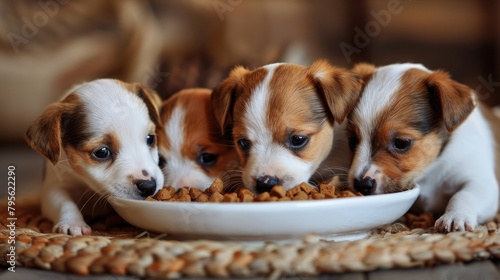hungry Jack Russell Terrier puppies eagerly devouring food from a bowl, their enthusiasm palpable.