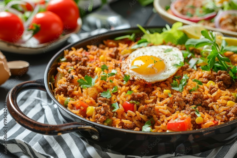 Spanish Rice with Ground Beef and Egg and side salad in pan on striped kitchen linen.