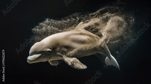 A Dolphin’s Dance Underwater, the elegance and dynamic nature of the dolphin as it swims through the dark waters. Generative AI photo