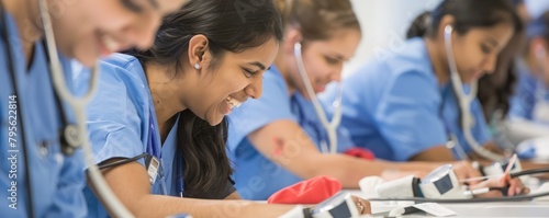A few medical students training with stethoscope on the practical teaching. photo