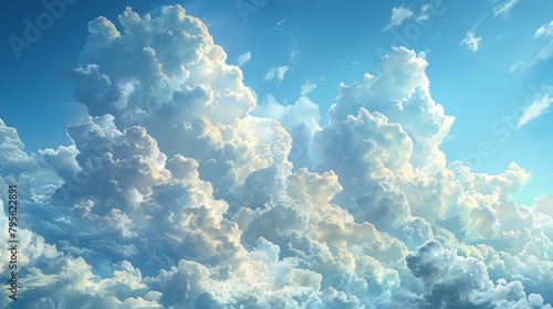 Fluffy, voluminous clouds gently float across the expansive canvas of the clear blue sky.  photo