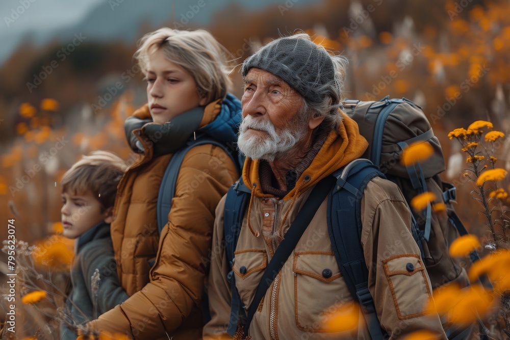 Front view of a family walk: elderly father, adult son, and grandson, sharing quality time amid nature's serenity Front view of a family walk: elderly father, adult son, and grandson, sharing quality time amid nature's serenity