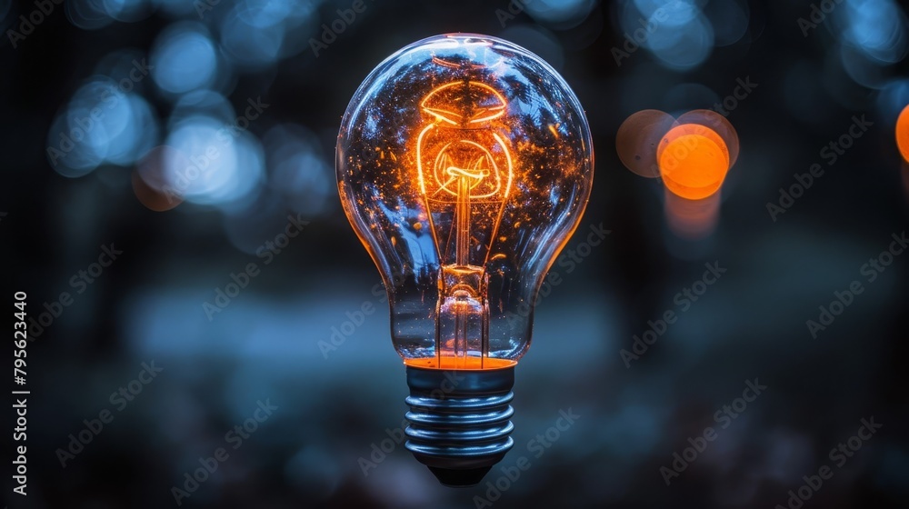 A clear close-up of an illuminated light bulb with a softly blurred depiction inside it A clear close-up of an illuminated light bulb with a softly blurred depiction inside it