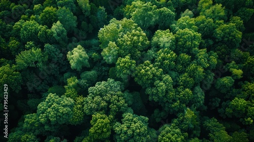 Aerial view lush green forest with trees and foliage growing in countryside. AI generated image photo