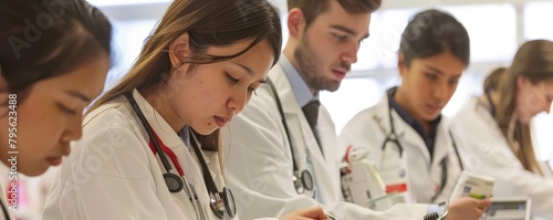 A few medical students training with stethoscope on the practical teaching.