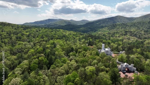 Uhuburg castle in Helen Georgia drone photograph. Smooth aerial drone footage of the Uhuburg castle in Helen Georgia. Footage taken on 4-24-204 in Helen Georgia, U.S.A. Green forest trees and majestic