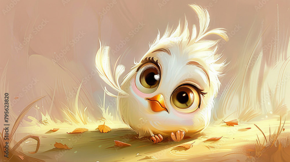 A little white owl perches atop a leafy expanse of grass Surrounding it are dry, golden leaves scattered on the ground A little white owl perches atop a leafy expanse of grass Surrounding it are dry, golden leaves scattered on the ground