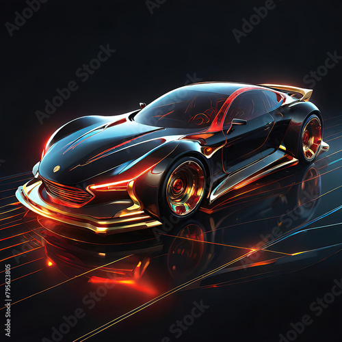 Beautiful futuristic abstract car design with neon lighting on a dark background  illustration for design and advertising  3D drawing of a transparent car 