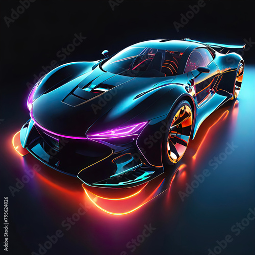Beautiful futuristic abstract car design with neon lighting on a dark background, illustration for design and advertising, 3D drawing of a transparent car,