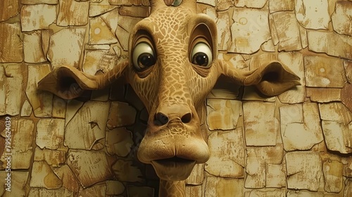  A wooden wall's section showcases a detailed giraffe head statuary