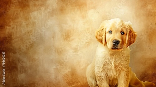  A golden retriever pup sits against a warm brown and tan backdrop, illuminated by a soft spotlight on its face