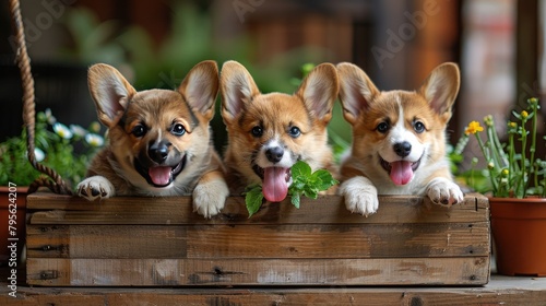 three cheerful puppies as they play on a wooden swing  their tails wagging with joy  against a backdrop of rustic charm.