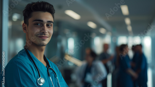 A friendly, young healthcare worker, male nurse smiles in a busy hospital environment, radiating positivity and care. 