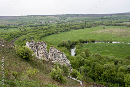 stunning landscapes with chalk cliffs and green meadows in spring in Divnogorye photo