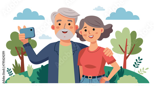woman man outdoor mature couple selfie together camera photo phone smartphone mobile mid adult cell smiling love old lifestyle wife happiness middle aged nature active vitality, flat simplistic vector