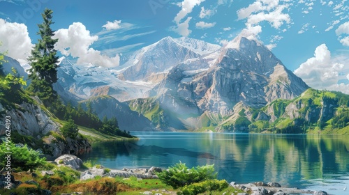 Beautiful large panorama of mountain range with calm lake water landscape. AI generated image