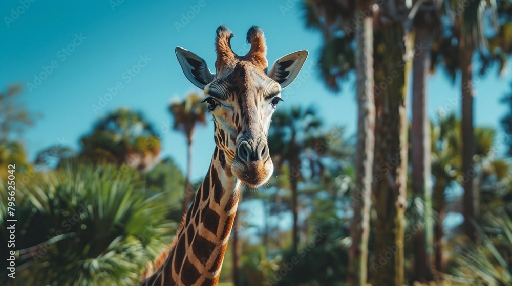 Fototapeta premium a Majestic Giraffe amidst tropical greenery. Generative AI
