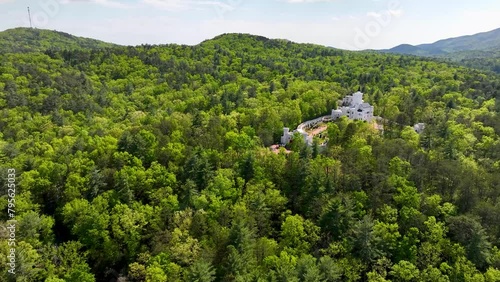 Uhuburg castle in Helen Georgia drone photograph. Smooth aerial drone footage of the Uhuburg castle in Helen Georgia. Footage taken on 4-24-204 in Helen Georgia, U.S.A. Green forest trees and majestic